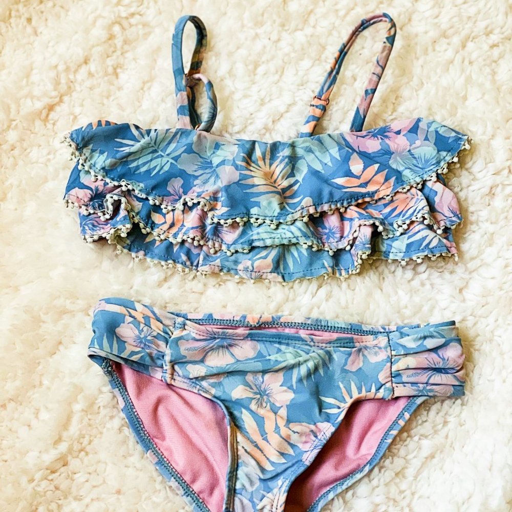 Hawaii Floral Ruffle Bikini, Girls Two Piece Swimsuit, Blue Pink, Nordstrom Rack